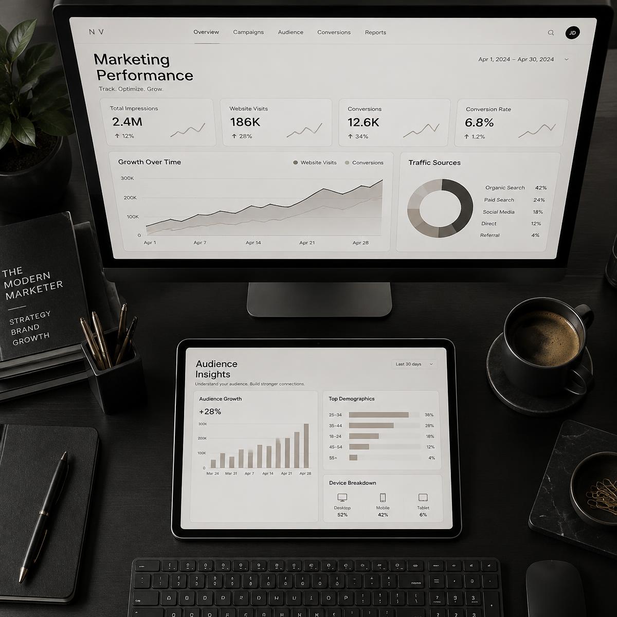 Monitor and tablet showing a marketing performance dashboard