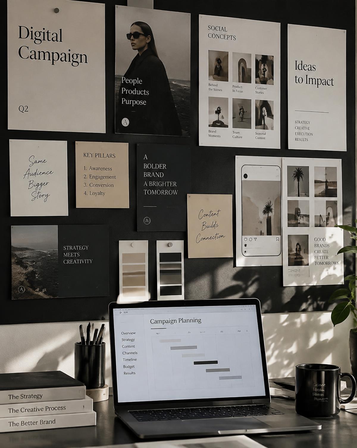 Art direction moodboard with black and white photography, linen swatches and a sculptural ceramic vase