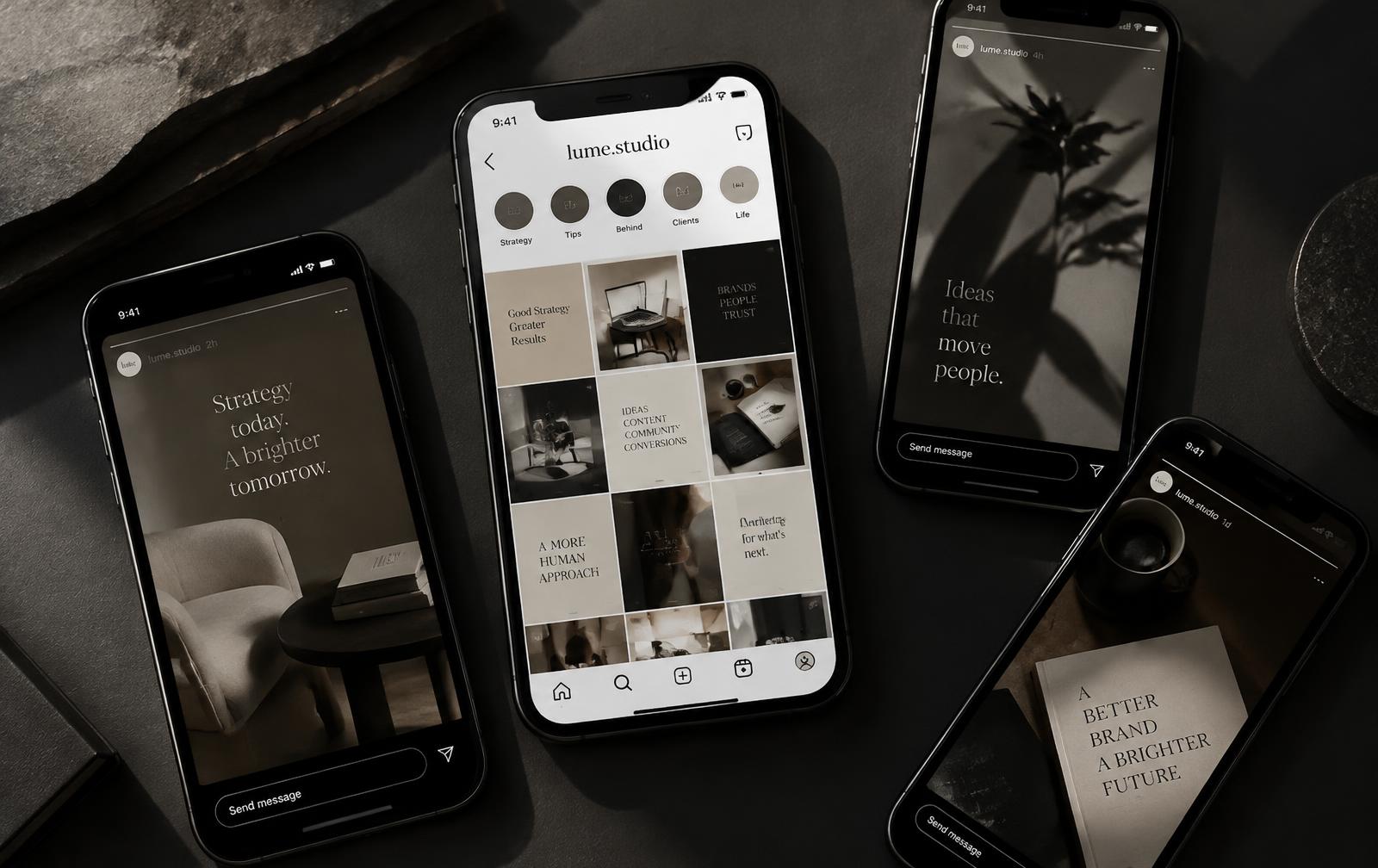 Phones showing a cohesive social media content grid and stories